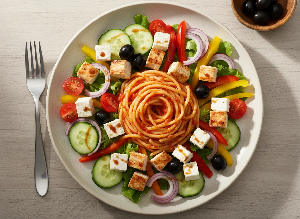 Греческий салат с курицей и спагетти photo