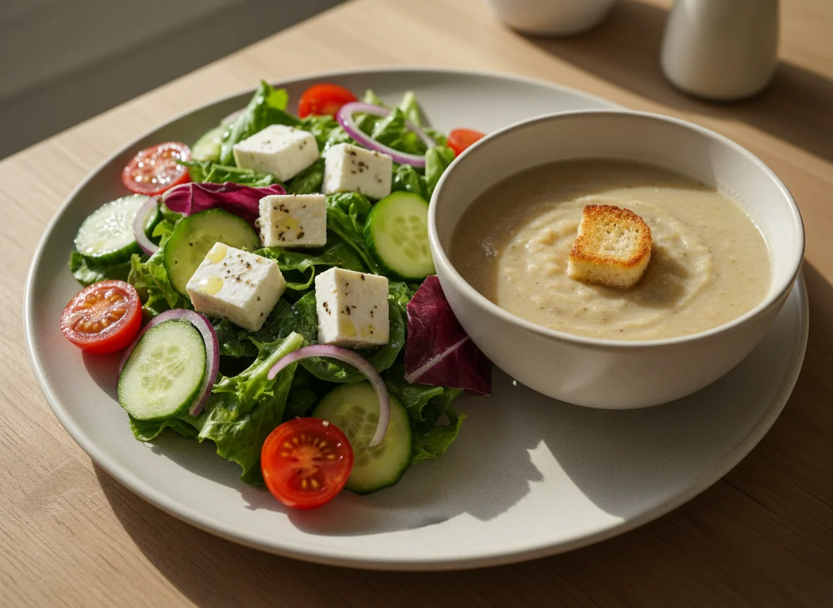 Греческий салат с супом и гренкой photo