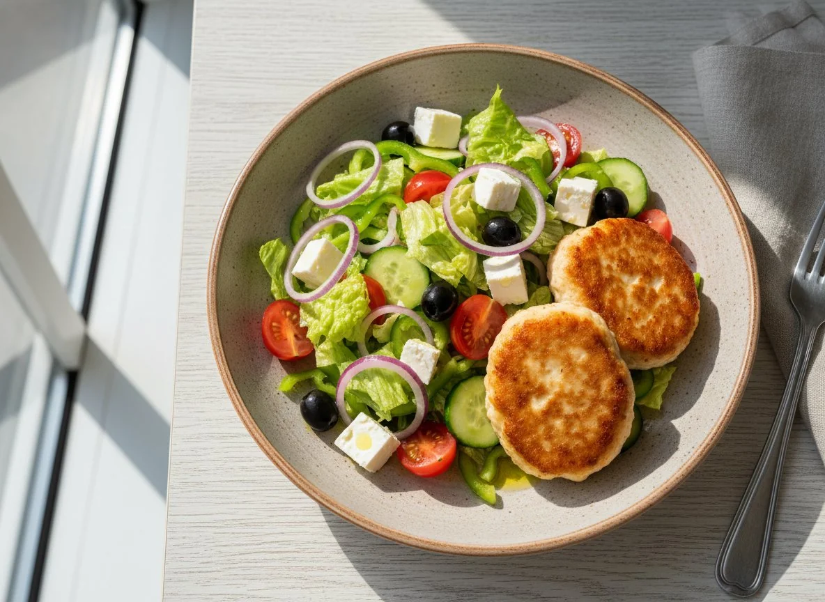 Греческий салат с сыром фета и котлетами photo