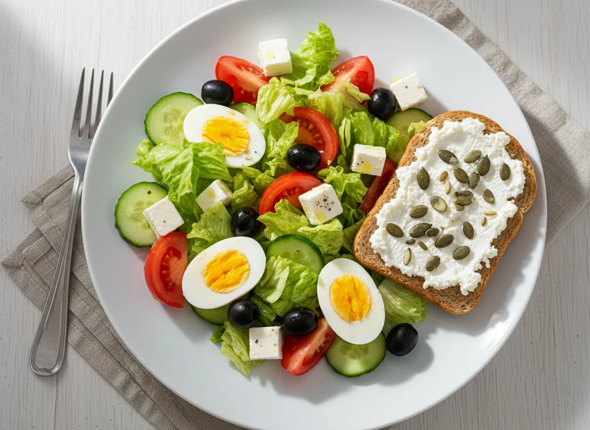 Греческий салат с вареными яйцами и тостом с творожным сыром photo