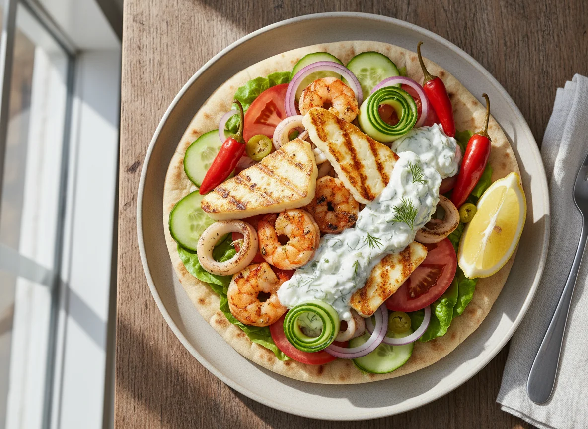 Греческий шашлык на пите с морепродуктами и сыром photo