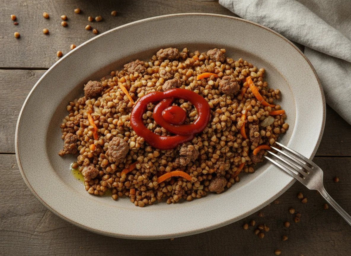 Гречка по-купечески с фаршем и кетчупом photo