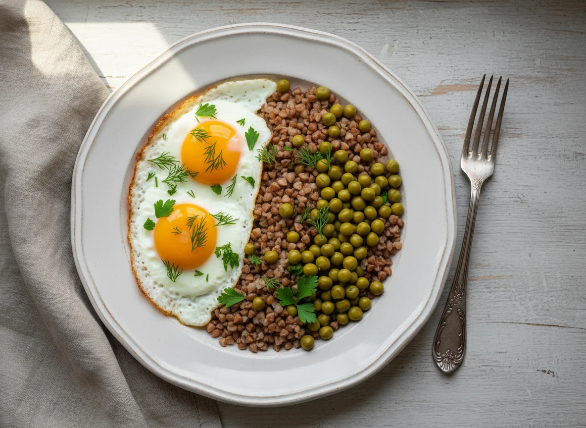 Гречка с яичницей и зеленым горошком photo