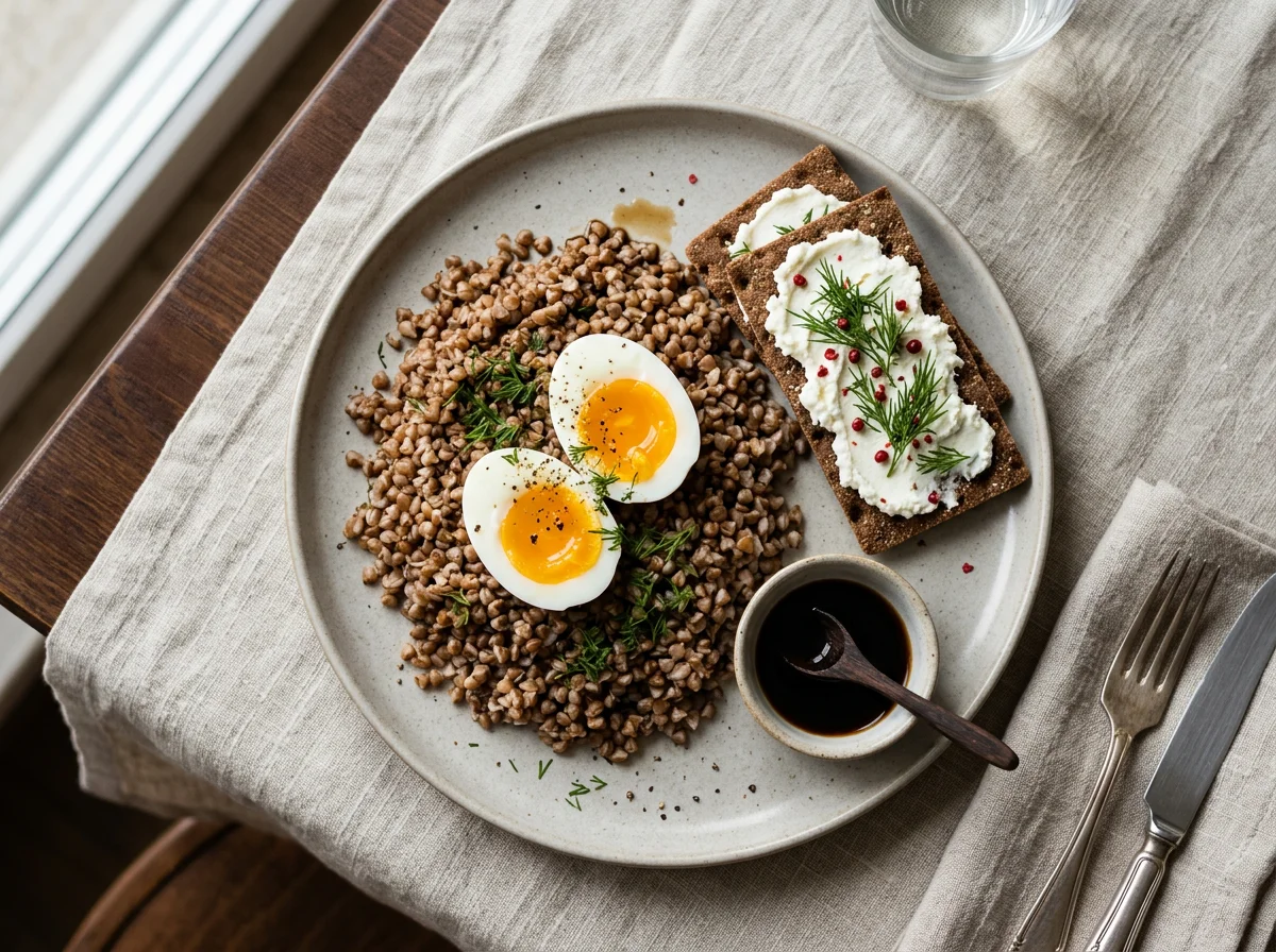 Гречка с яйцами и хлебцами photo