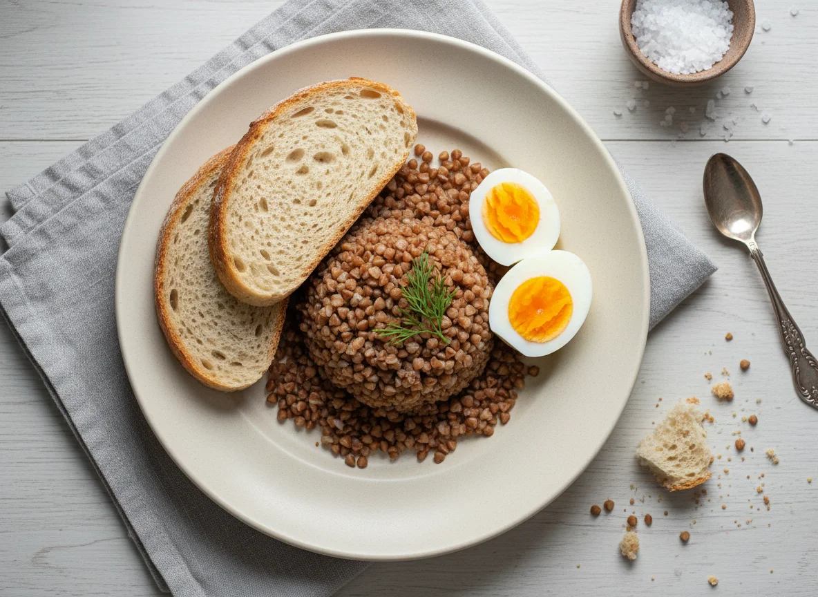 Гречка с яйцами и хлебом photo