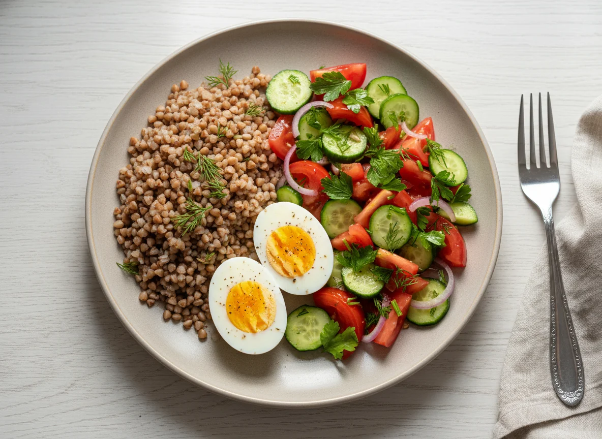 Гречка с яйцами и овощным салатом photo