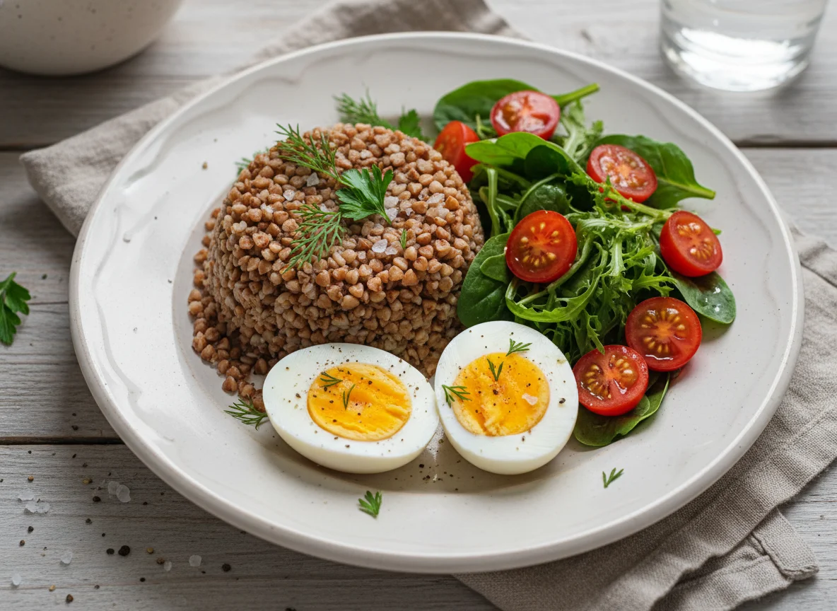 Гречка с яйцами и салатом photo