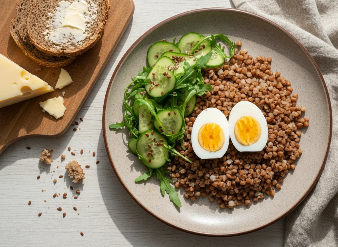 Гречка с яйцами и салатом из огурцов photo