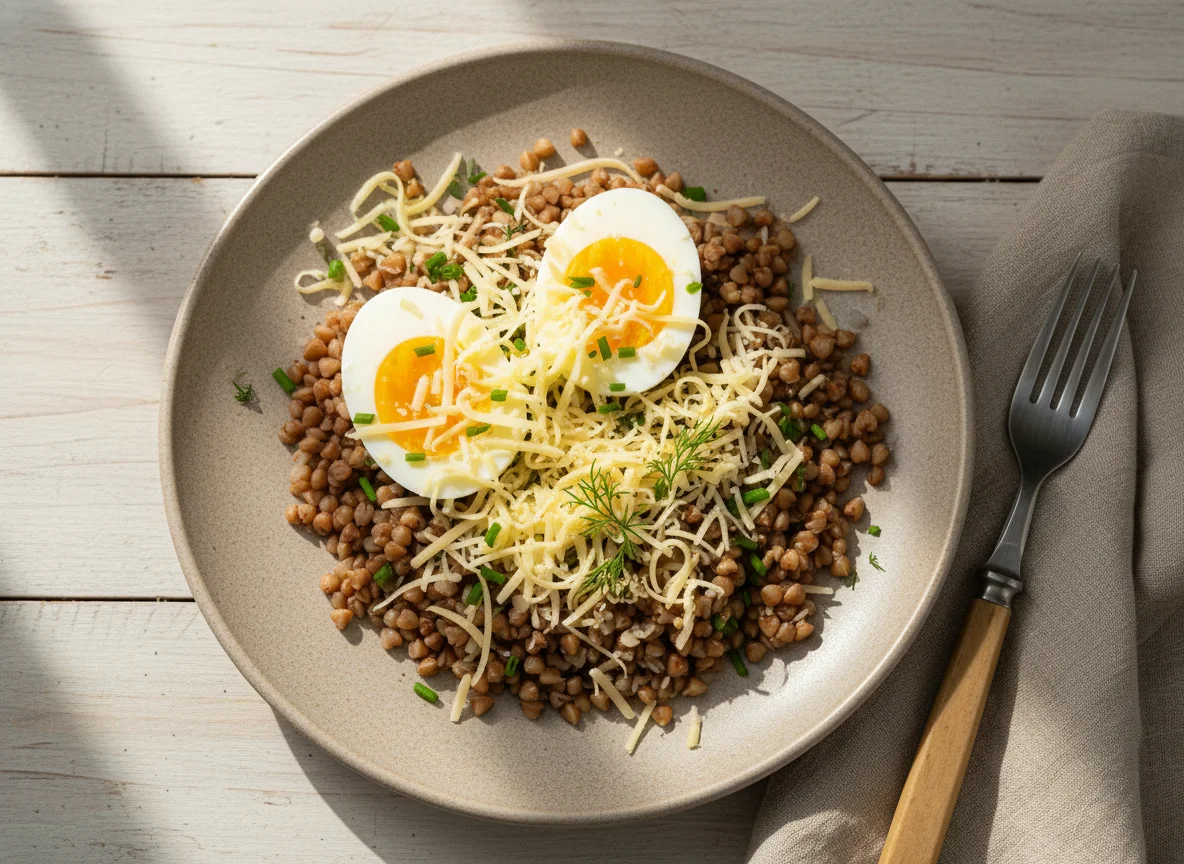 Гречка с яйцами и сыром photo