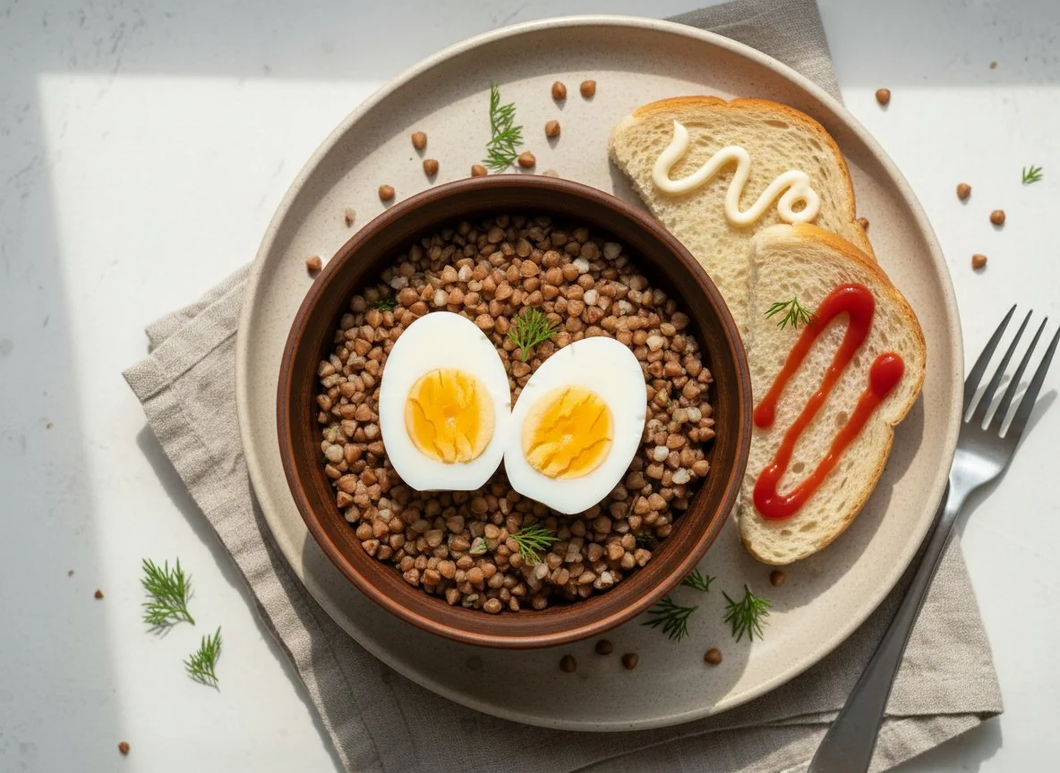 Гречка с яйцами и тостом photo