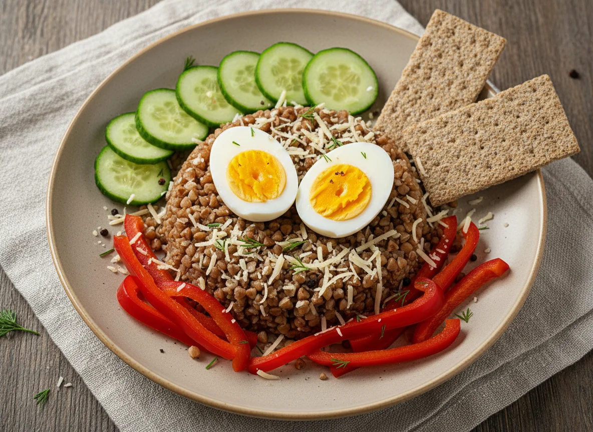 Гречка с яйцами, овощами и сыром photo