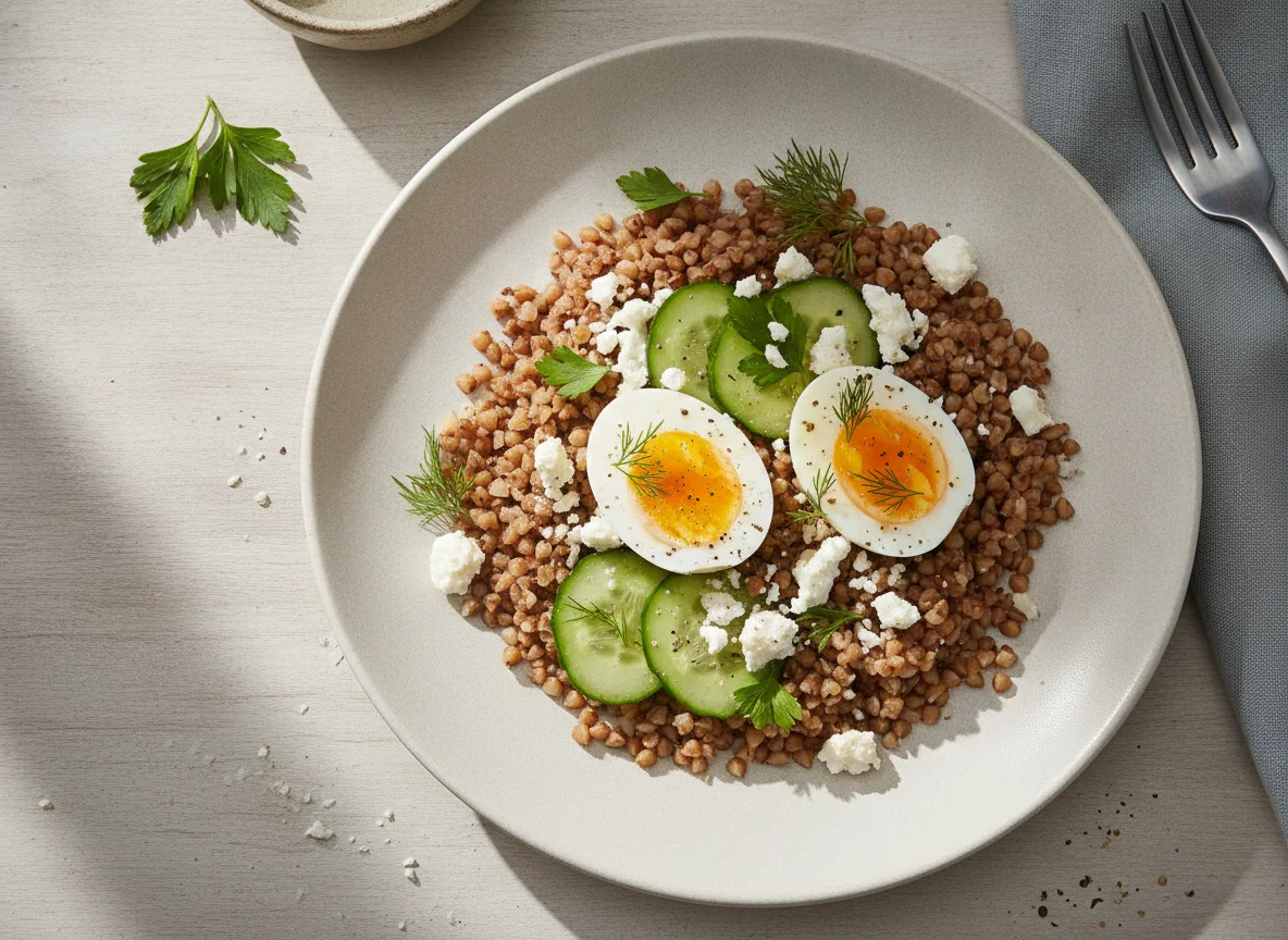 Гречка с яйцами, сыром и огурцом photo