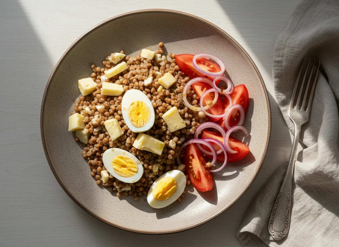 Гречка с яйцами, сыром и овощным салатом photo