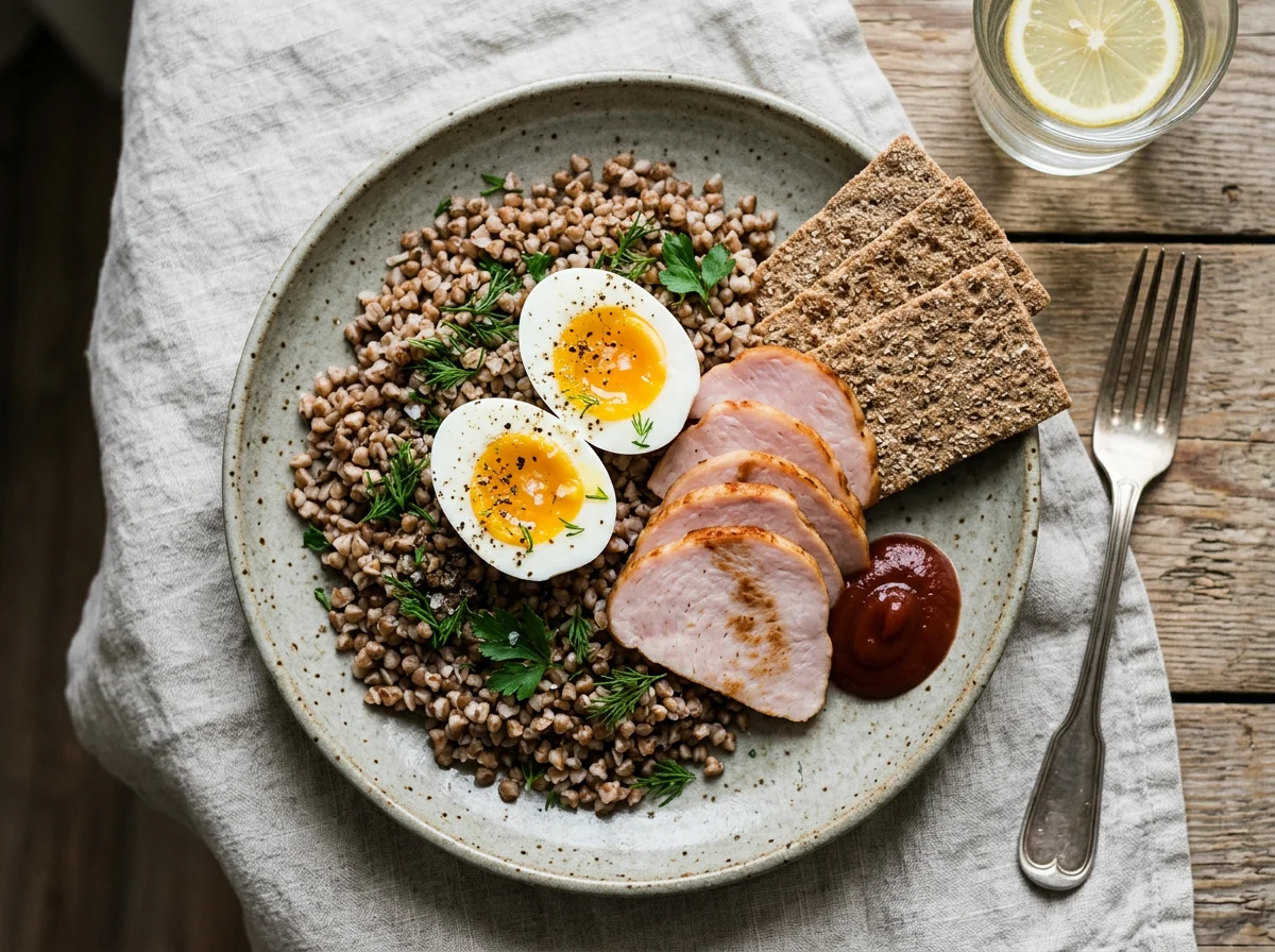 Гречка с яйцами, ветчиной и хлебцами photo
