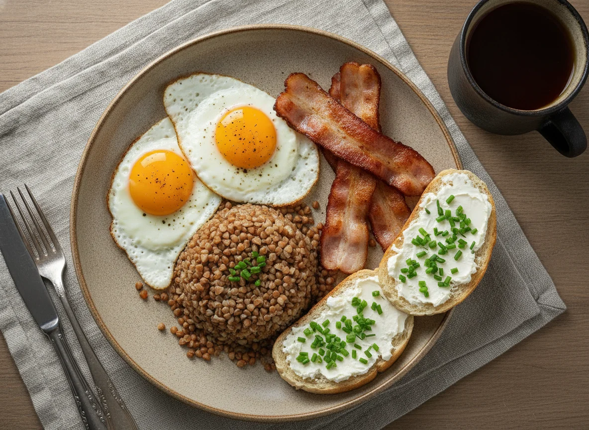 Гречка с яйцом, беконом и хлебом со сливочным сыром photo