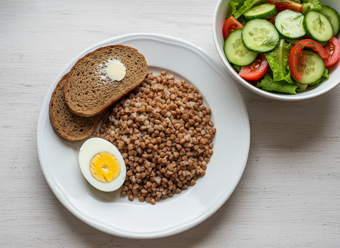 Гречка с яйцом, хлебом и овощным салатом photo