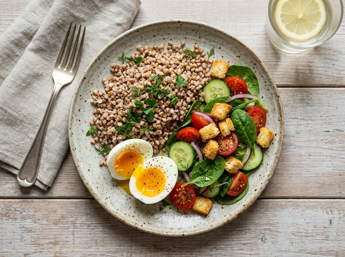 Гречка с яйцом и овощным салатом photo