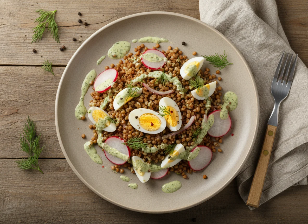 Гречка с яйцом и редисом photo