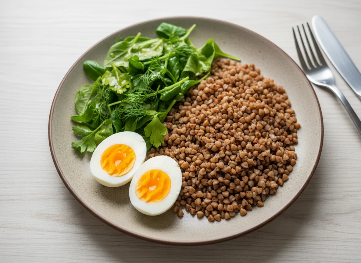 Гречка с яйцом и салатом photo