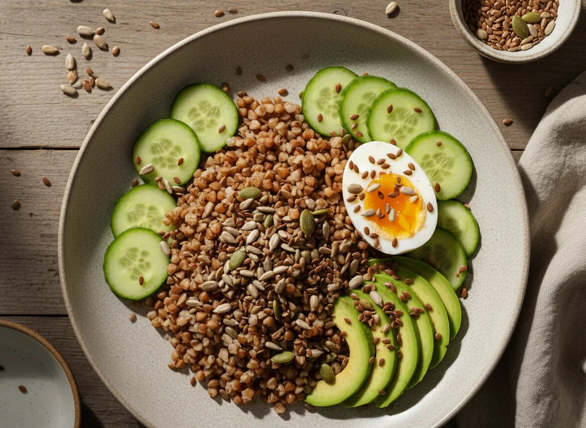 Гречка с яйцом, огурцом и семенами photo