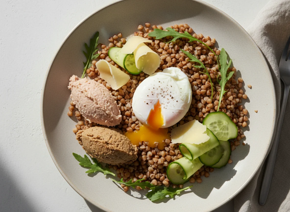 Гречка с яйцом пашот, паштетом, сыром и овощами photo