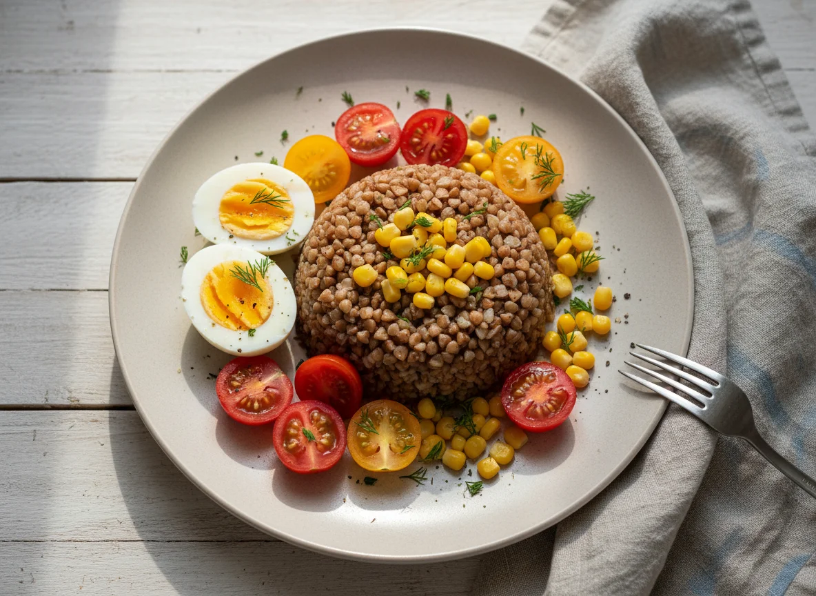 Гречка с яйцом, помидорами и кукурузой photo