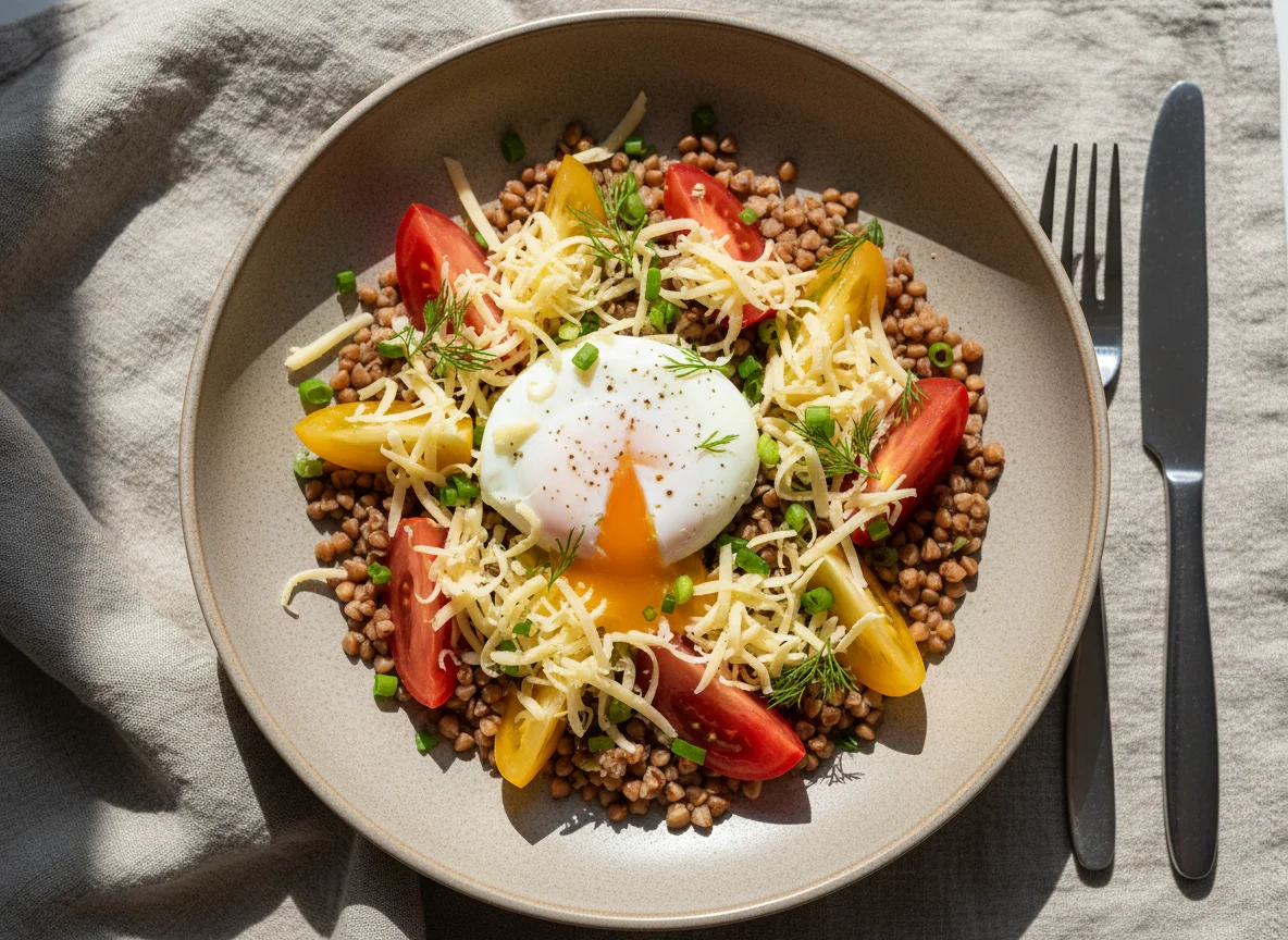 Гречка с яйцом, сыром и помидором photo