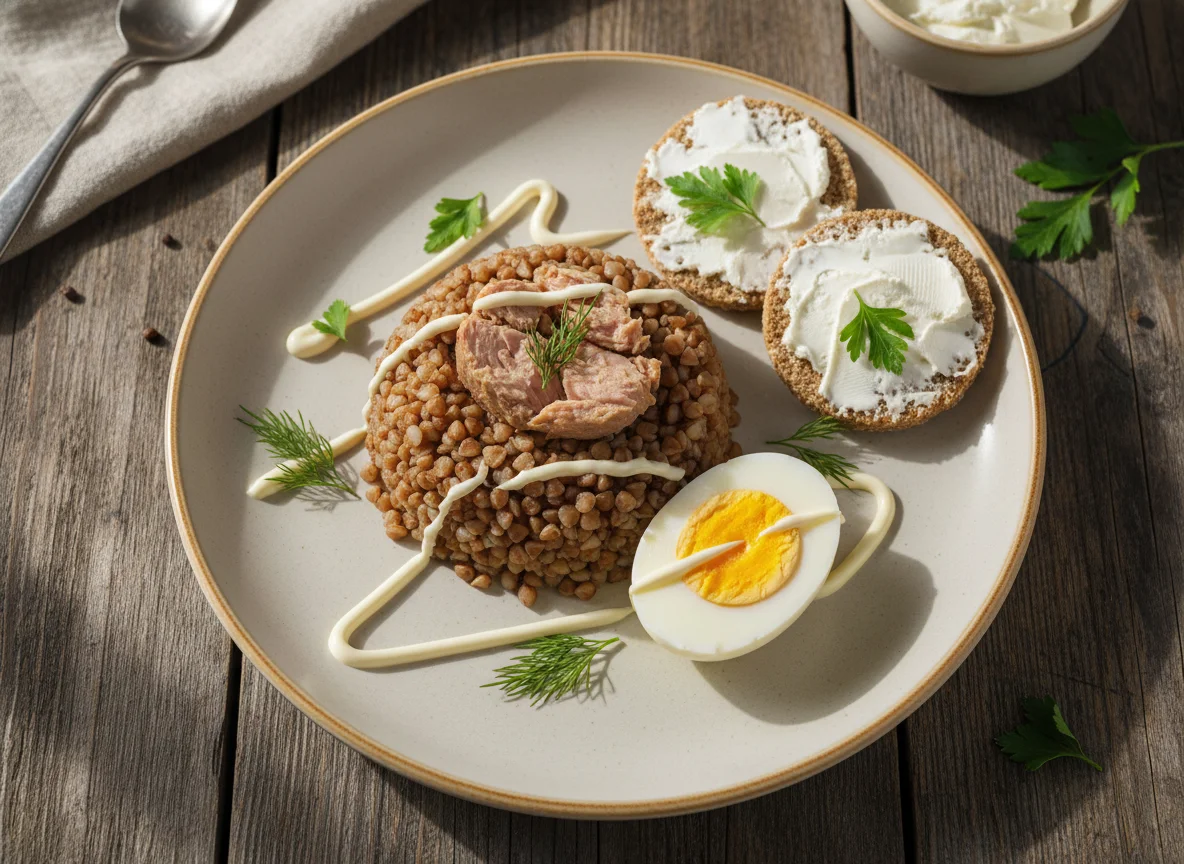 Гречка с яйцом, тунцом и хлебцем photo