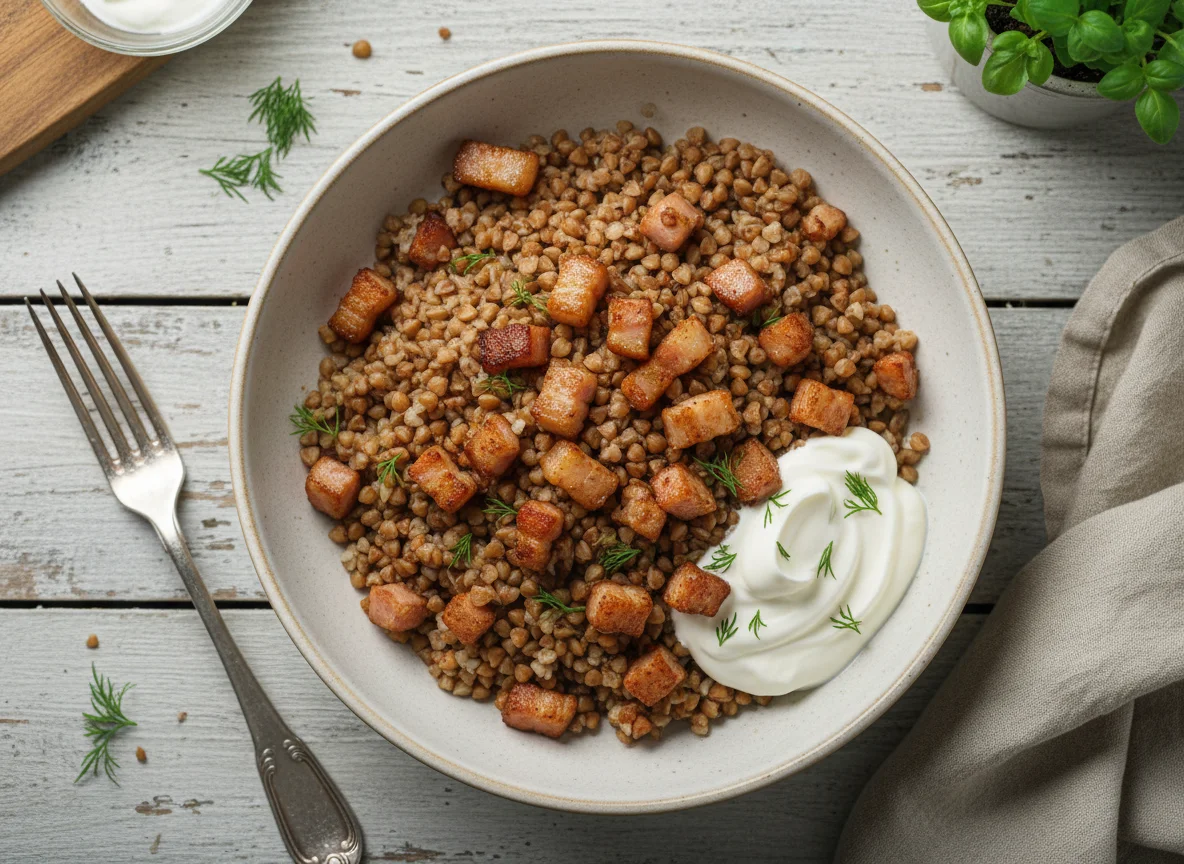 Гречка с беконом и сметаной photo