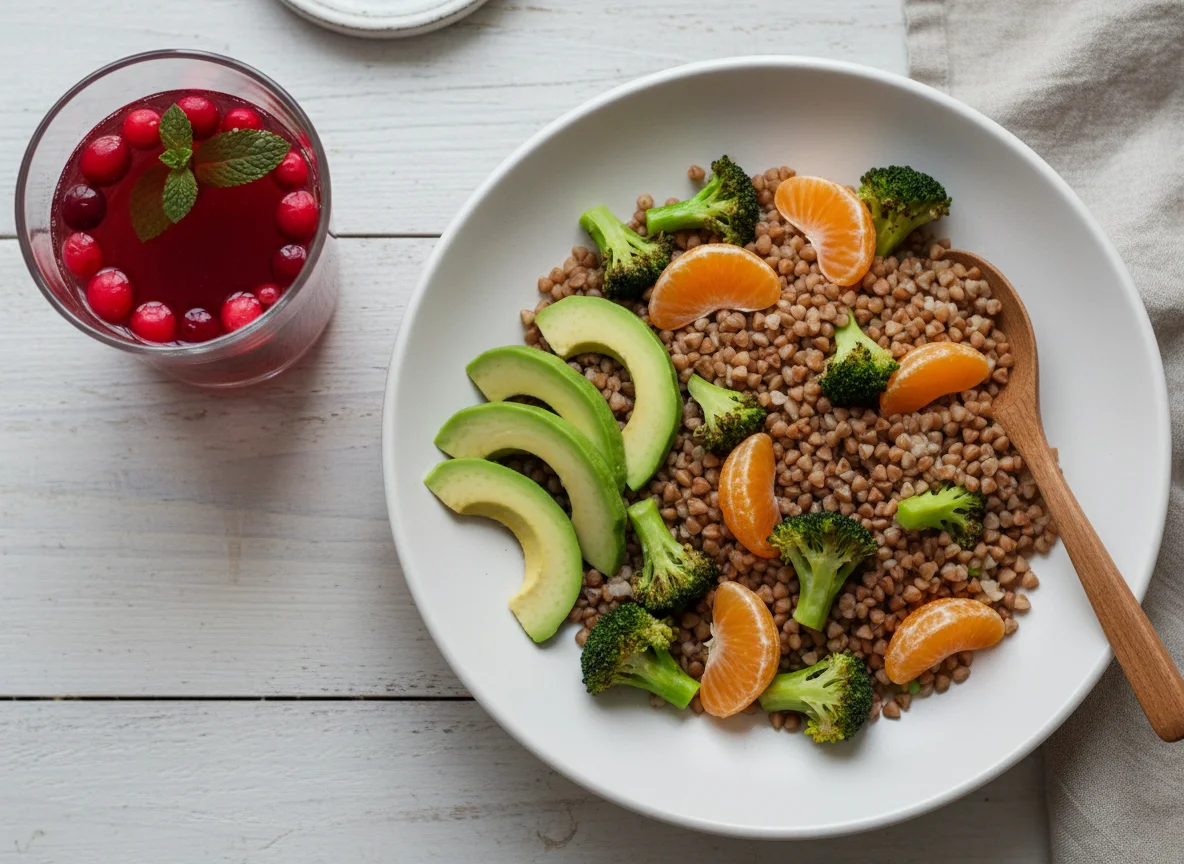 Гречка с брокколи, авокадо, мандаринами и напитком photo