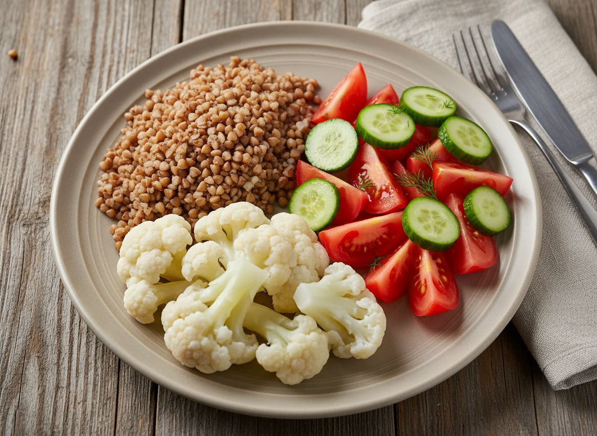 Гречка с цветной капустой и овощным салатом photo
