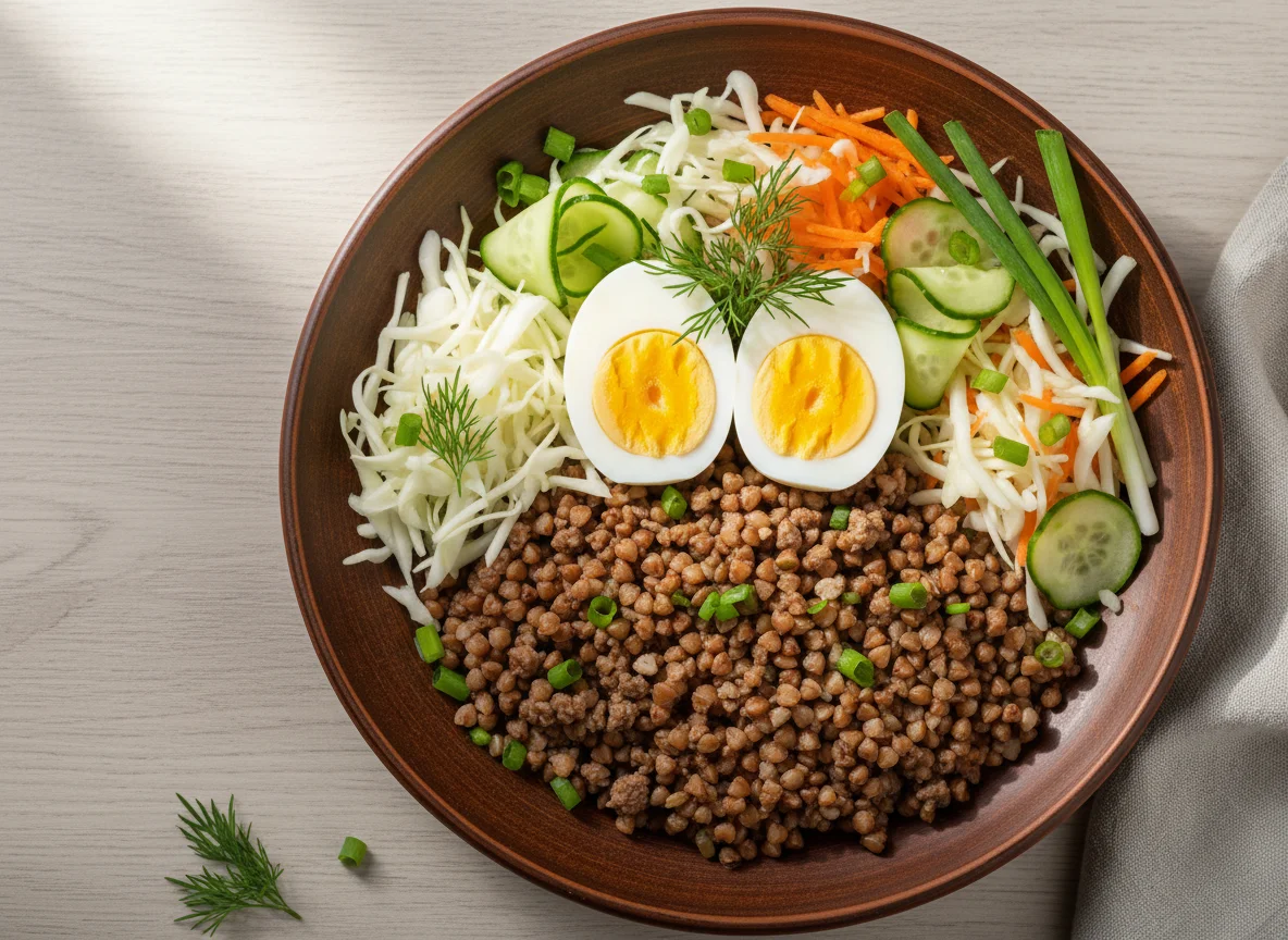 Гречка с фаршем, яйцами и овощами photo