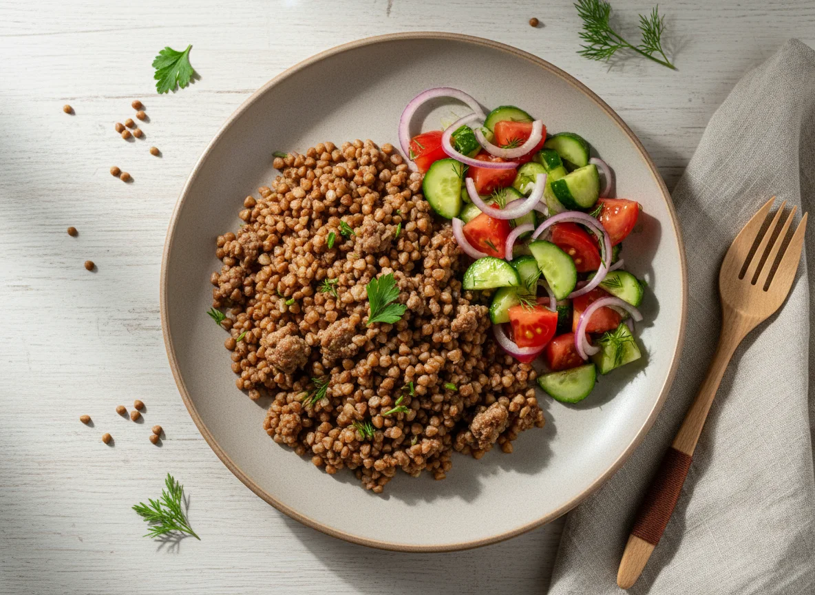 Гречка с фаршем и овощным салатом photo