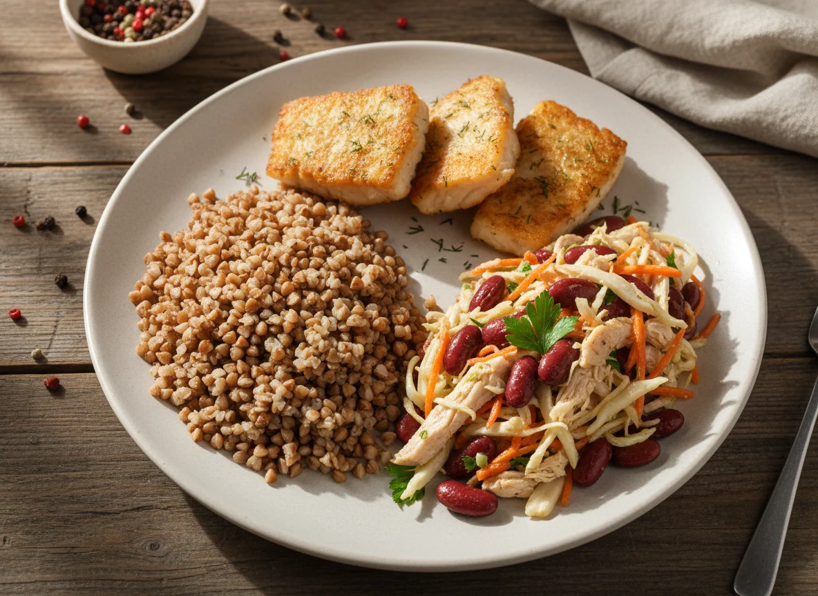 Гречка с фасолевым салатом и жареной рыбой photo