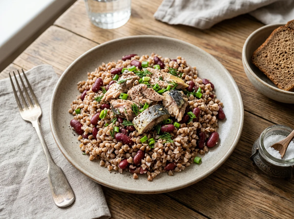 Гречка с фасолью и консервированной рыбой photo