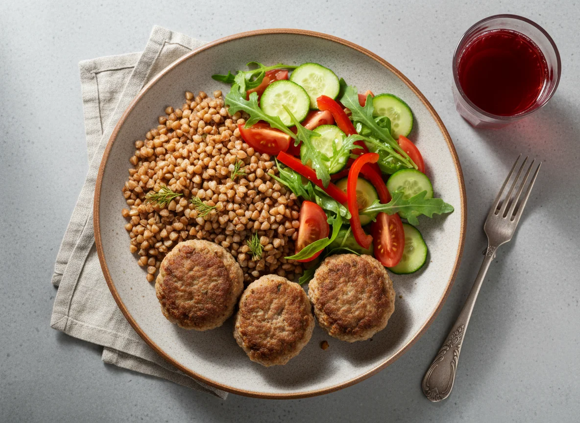 Гречка с фрикадельками и овощным салатом photo