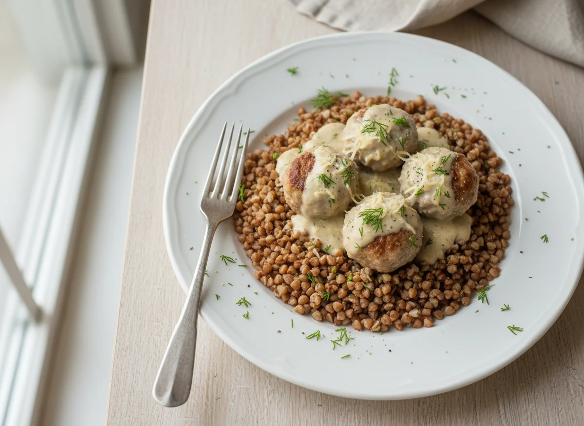 Гречка с фрикадельками и соусом photo