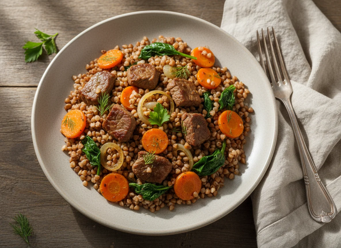 Гречка с говядиной и овощами photo