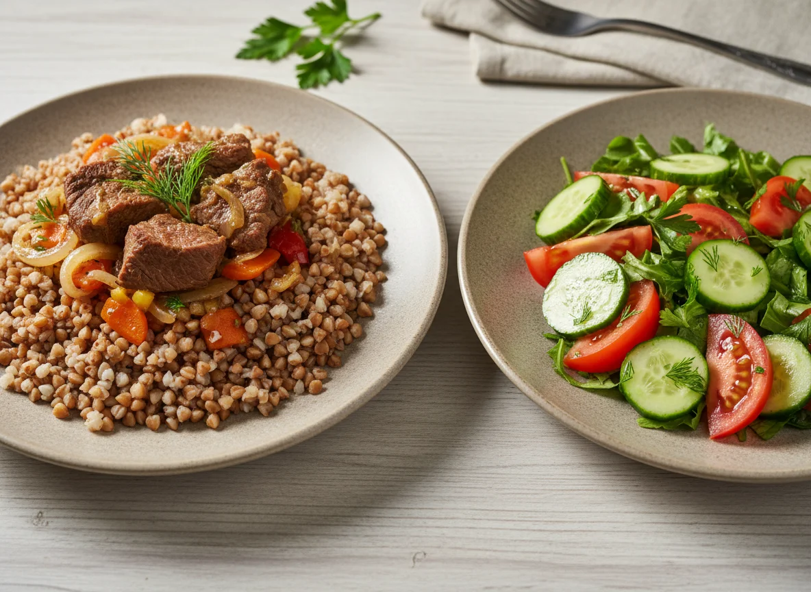 Гречка с говядиной и овощами, салат из свежих овощей photo