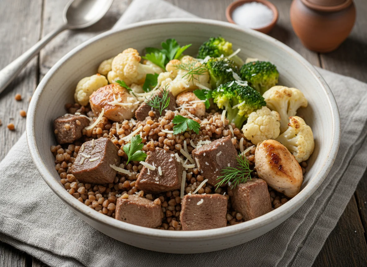 Гречка с говяжьим языком, курицей и овощами photo