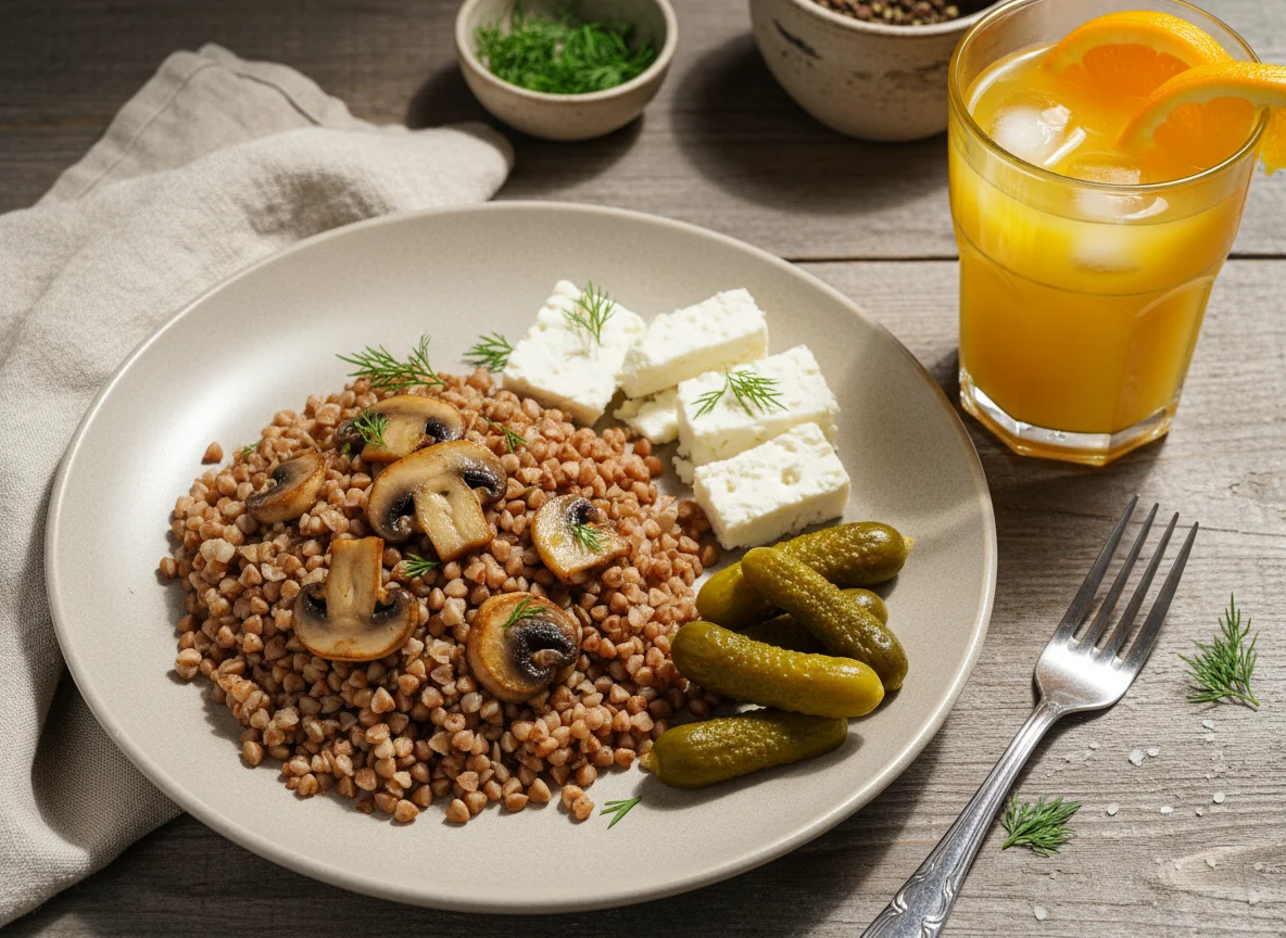 Гречка с грибами, сыр, маринованные огурцы и апельсиновый сок photo
