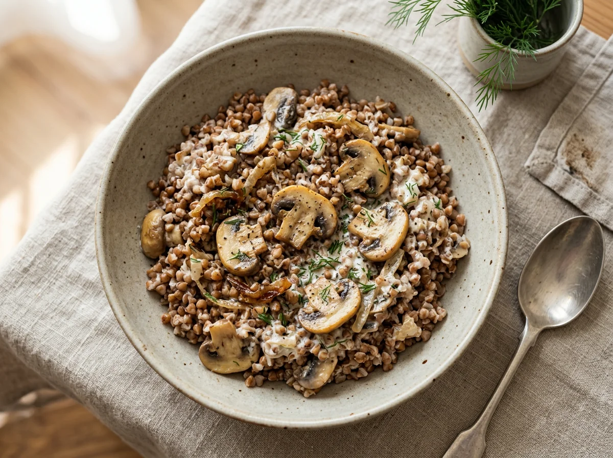 Гречка с грибами в сливочном соусе photo