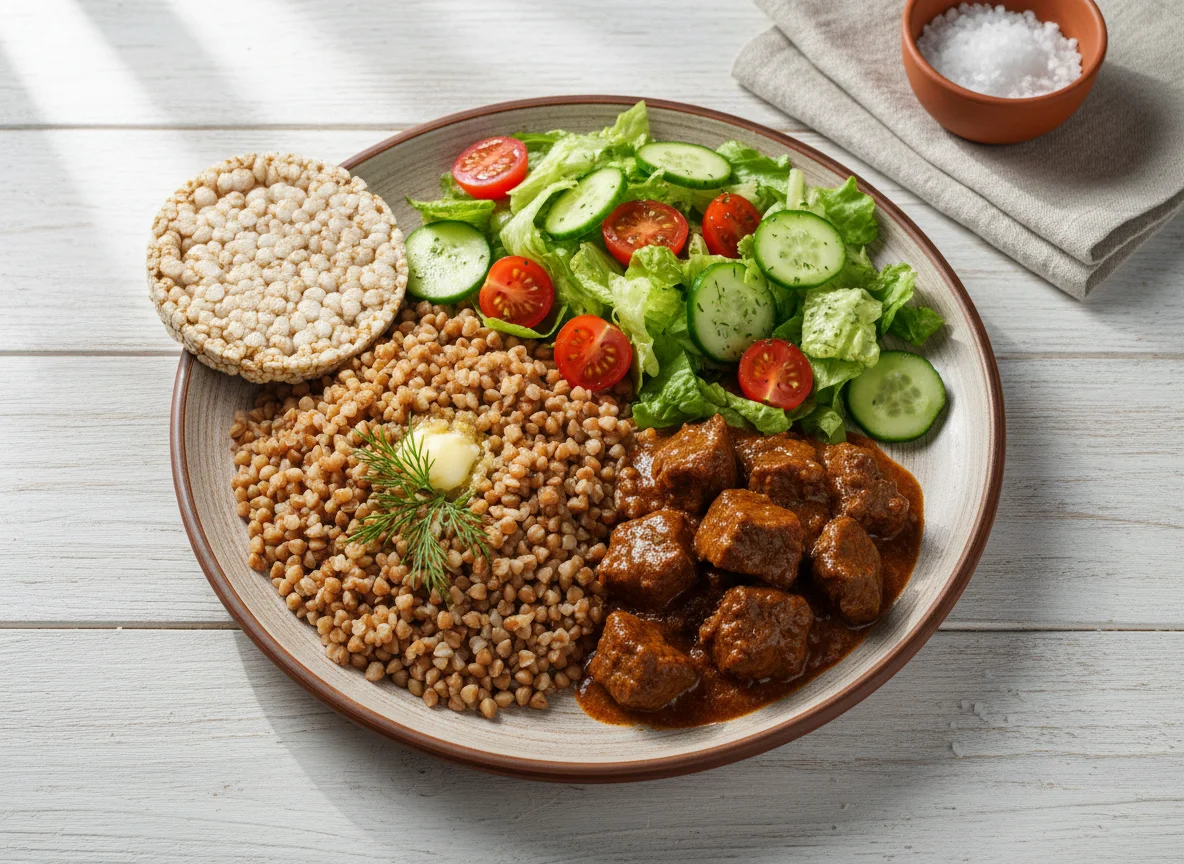 Гречка с гуляшом и овощным салатом photo