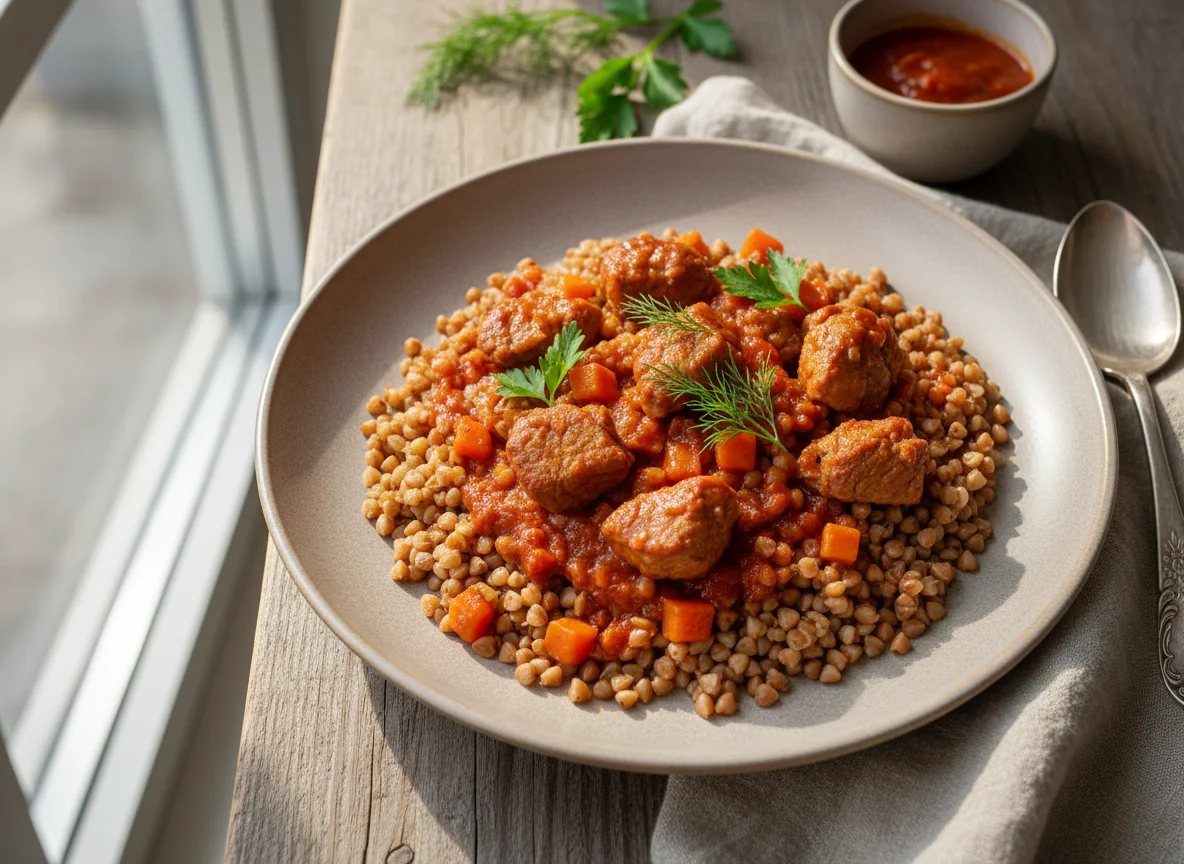 Гречка с гуляшом из свинины и овощей photo