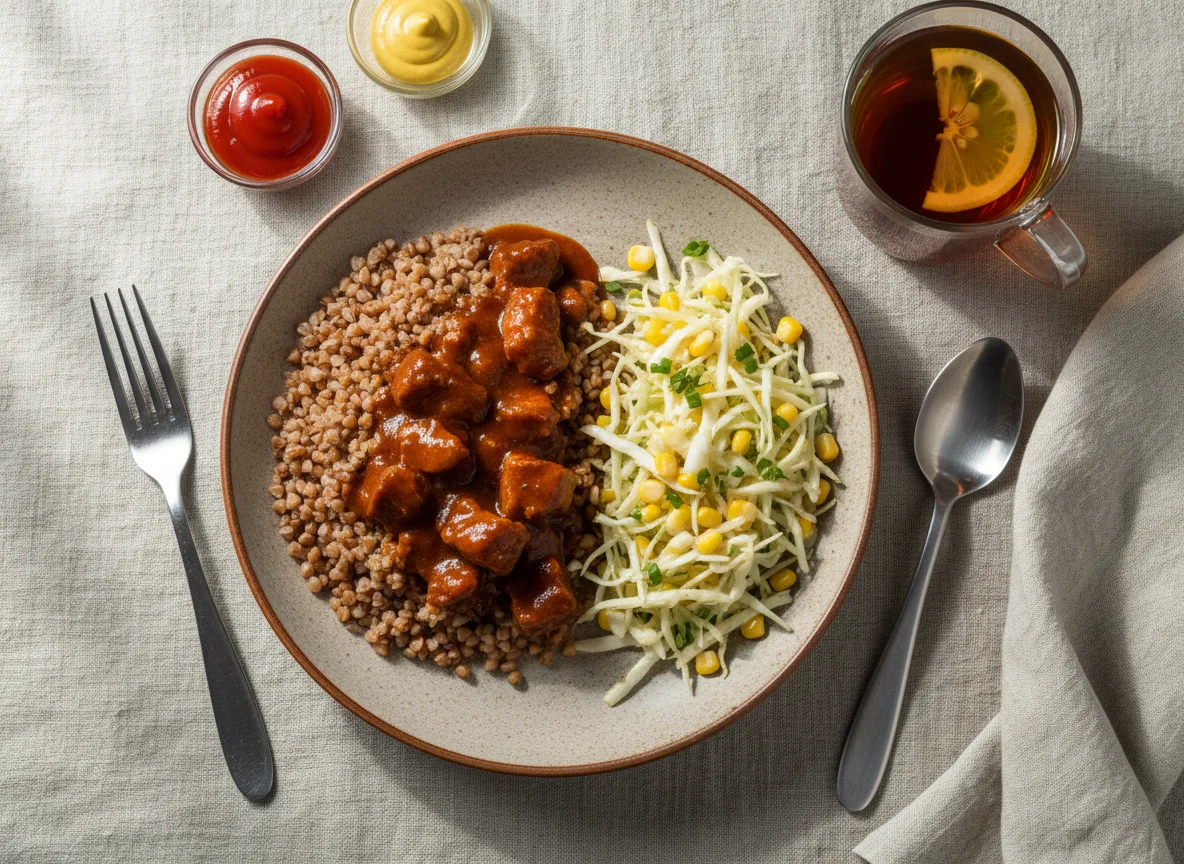 Гречка с гуляшом, салат из капусты и кукурузы, чай photo