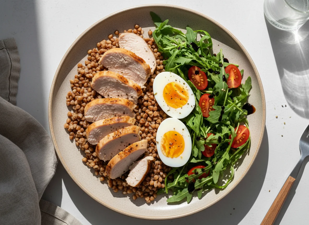 Гречка с индейкой, яйцом и салатом photo