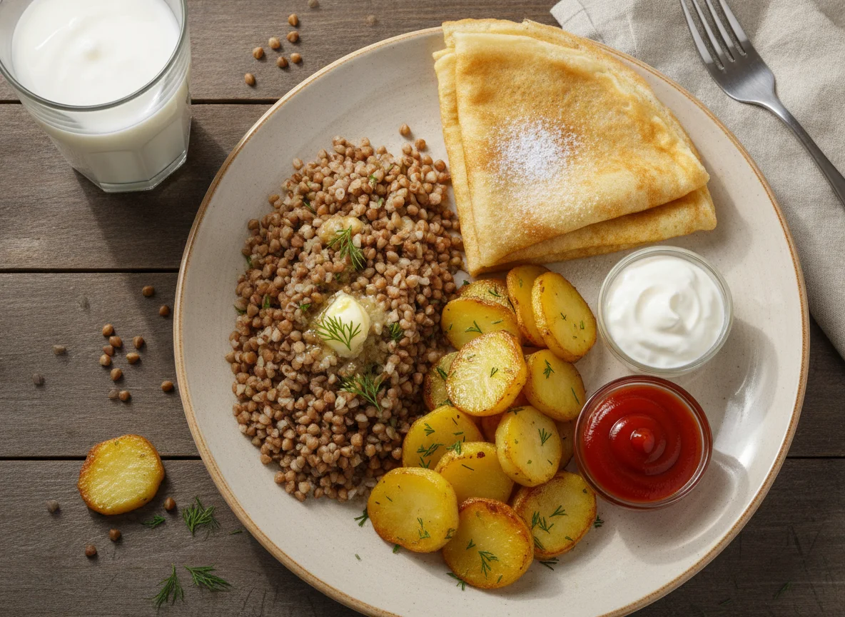 Гречка с картофелем, блином и кефиром photo