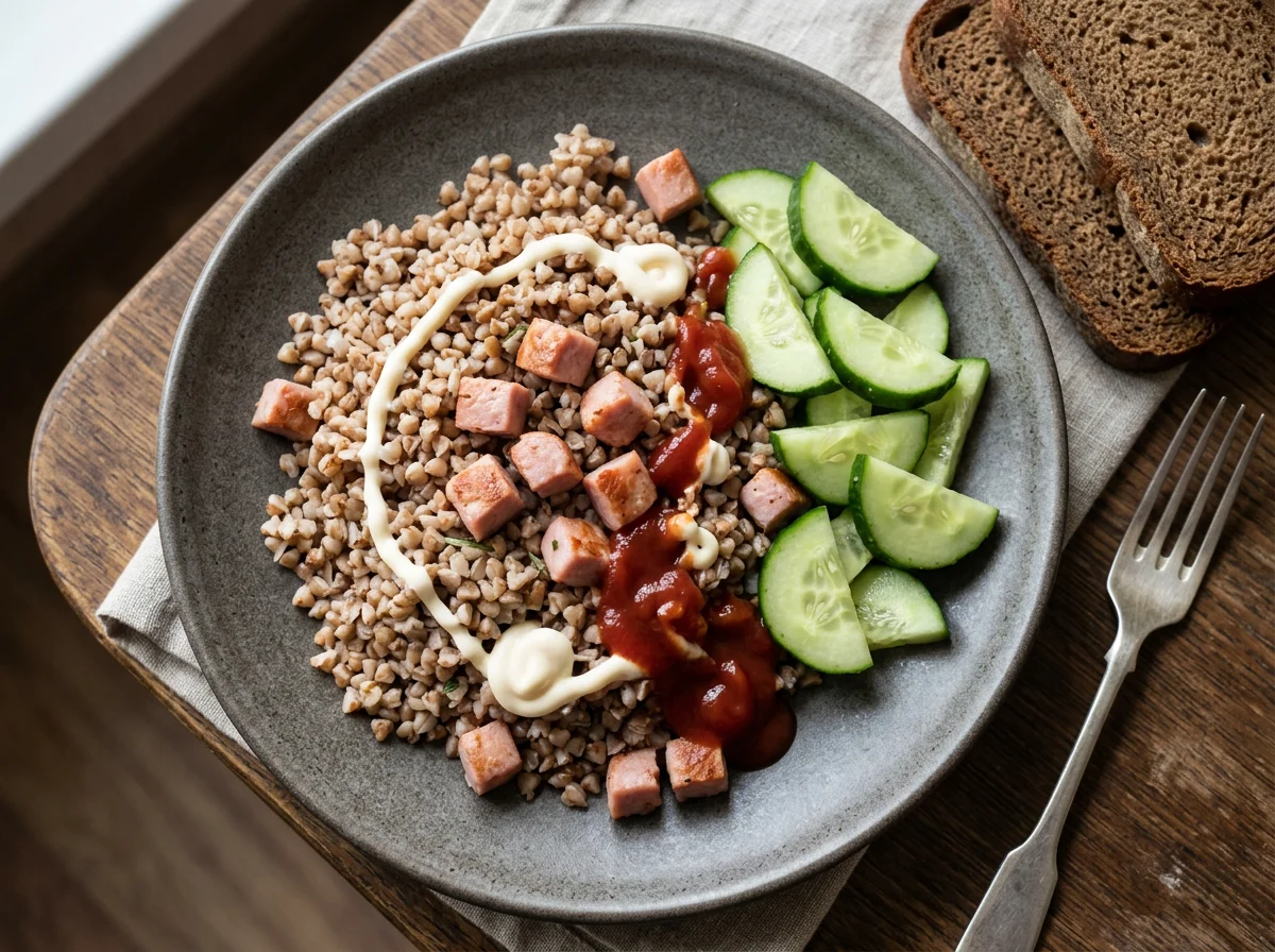 Гречка с колбасой, огурцами и соусами photo