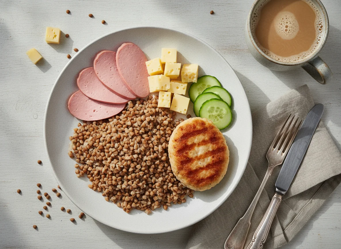 Гречка с колбасой, сыром и котлетой photo