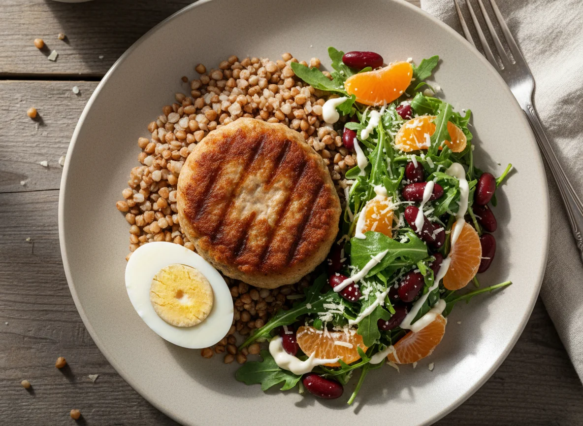 Гречка с котлетами, яйцом и салатом из фасоли и мандаринов photo